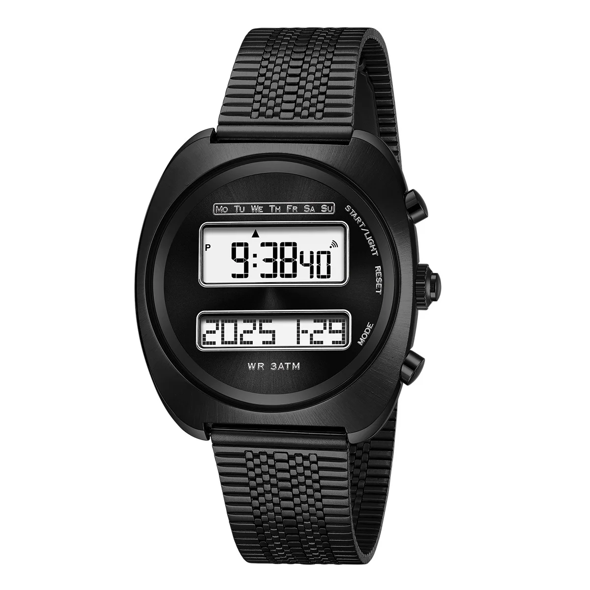 Fashion Quartz Electronic Dual Movement Men's Watch Display Backlight Alarm Unisex Wristwatch with Stainless Steel Strap