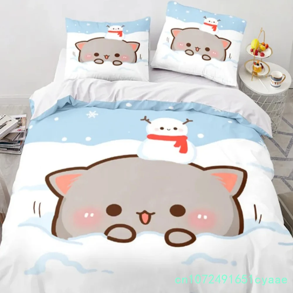 Cartoon Lovely Peach Cat Bedding Set Boys Girls Twin Queen Size Duvet Cover Pillowcase Bed Kids Adult Fashion Home Textileextile
