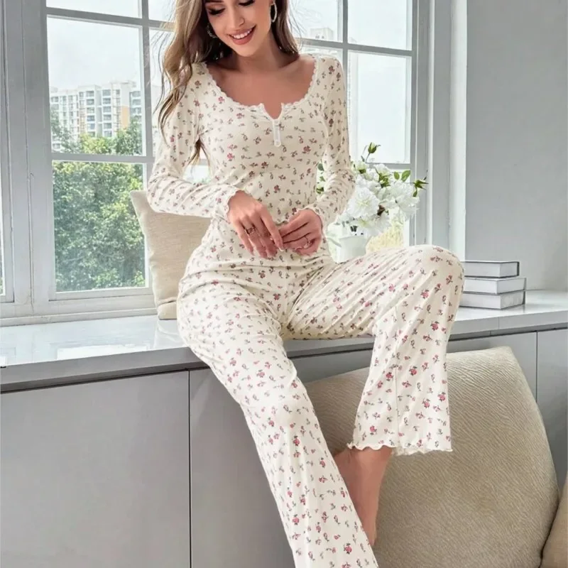 

Women Floral Print Pajama Sets Long Sleeve Top +Pants Lovely Loungewear Set Female Home Clothes Elastic Waistband Nightwear Suit