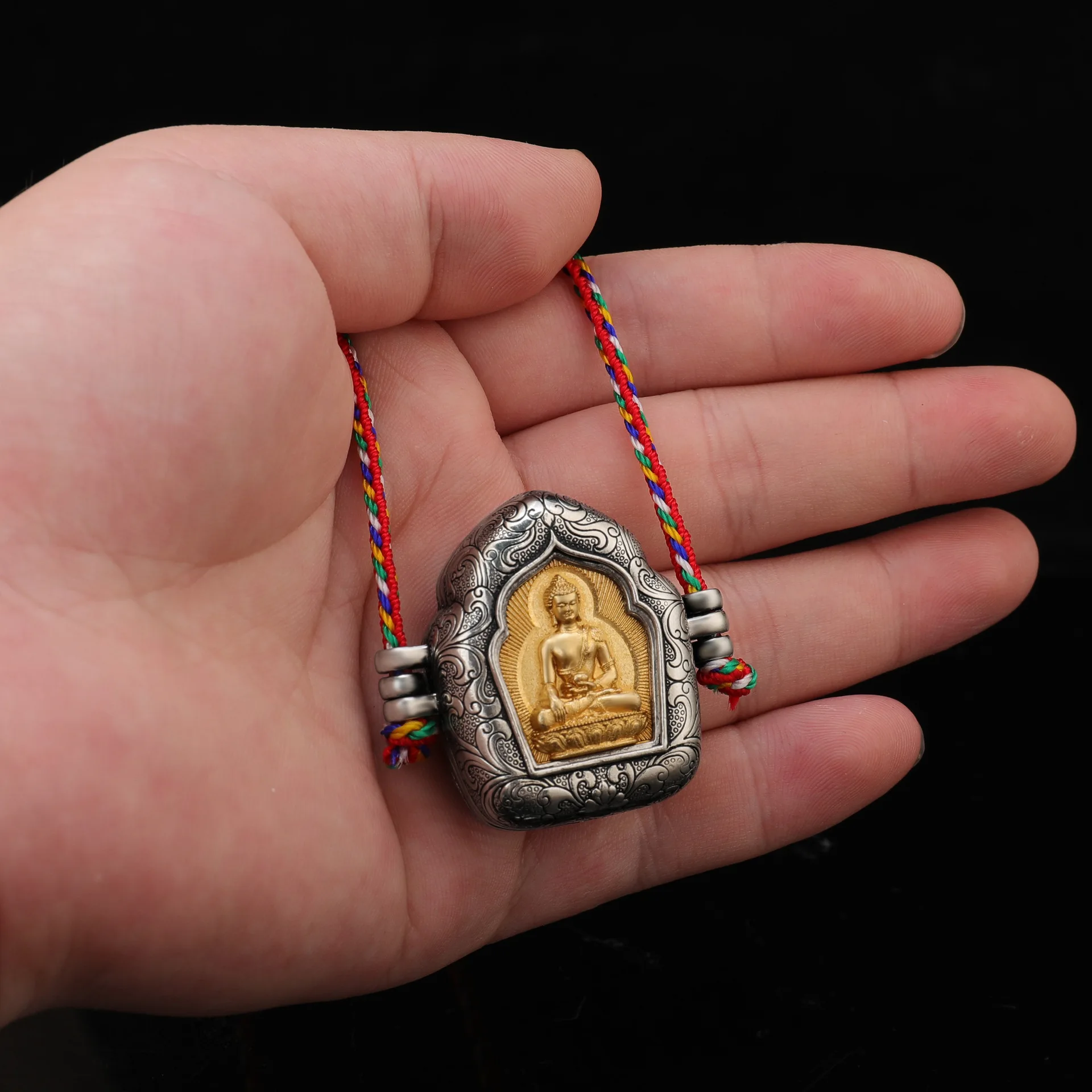 Tibetan Shakyamuni Buddha's Black Box, White Copper and Tibetan Silver Box, Containing Items, Pendant, Necklace, Pendant
