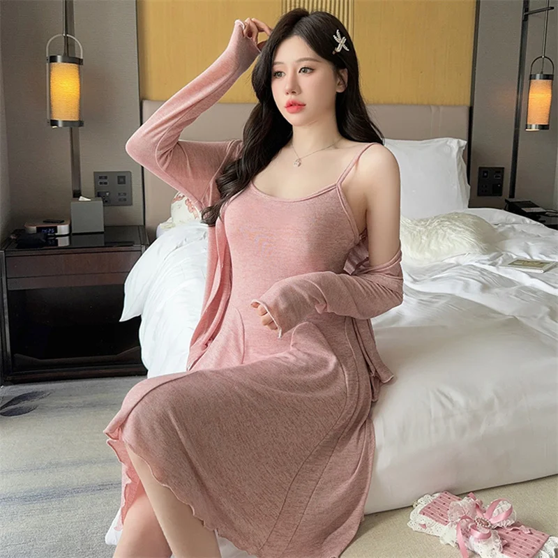 Autumn Winter Nightdress Sexy Sling Sleep Dress Modal Cotton Nighties Skinny Women Nightgown Lounge Wear Ladies Night Shirt