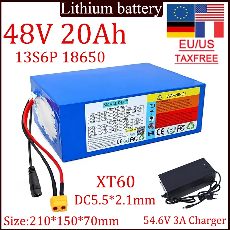 48V 20Ah 18650 Lithium Battery Pack 13S6P 1000W High Power 54.6V built-in 30A BMS for power tools backup battery +3A charger