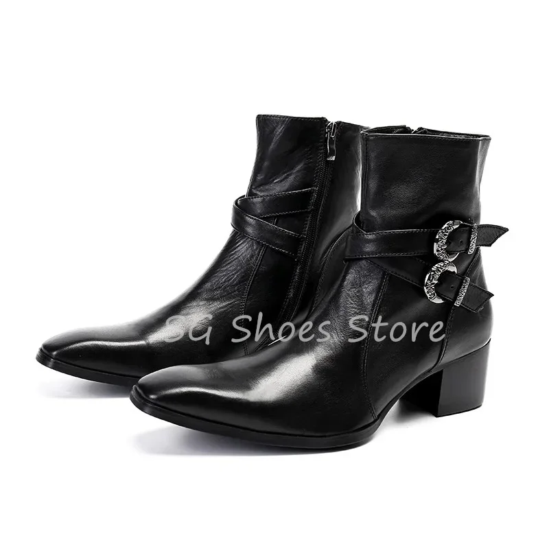 Zapatos de vestir de fiesta para caballero, botas a media pantorrilla con punta cuadrada y tacón grueso a la moda, decoración con hebilla de cinturón Punk, botas Chelsea para hombre