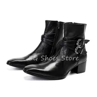 Gentleman Party Dress Shoes Fashion Square Toe Chunky Heel Men's Mid-Calf Boots Punk Belt Buckle Decor Male Chelsea Boots
