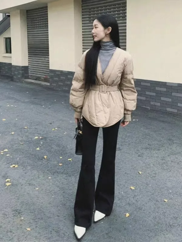 

Женская зимняя хлопковая куртка цвета хаки с эффектом похудения, маленького размера, приталенная, легкая, с поясом на талии, в корейском стиле, с длинными рукавами