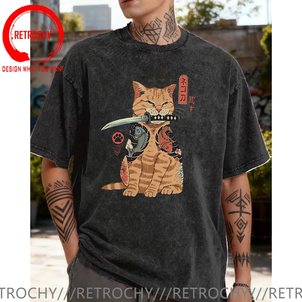Japanese Style Birthday Gift Man Woman Retro Vintage Washed Cotton T Shirt Men Classic Samurai Cat Tshirt Casual Fashion T-shirt
