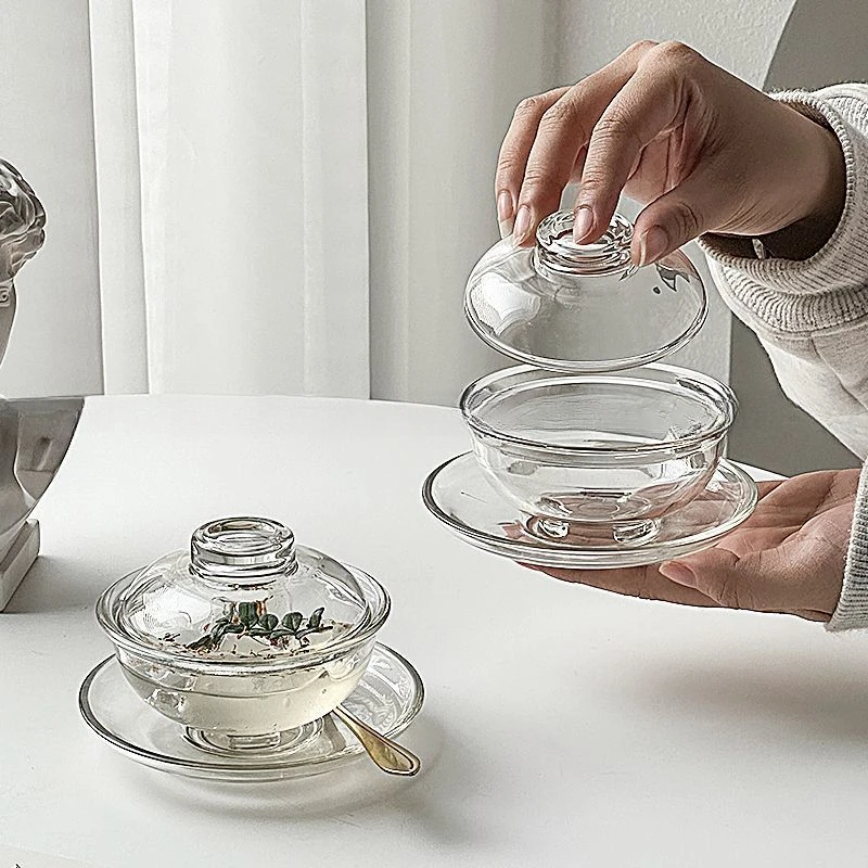 Transparent Glass Bird's Nest Bowl Heat-resistant Stew Pot, Fruit Ice Cream with Lid Dessert Dishes, Home Kitchen Accessories