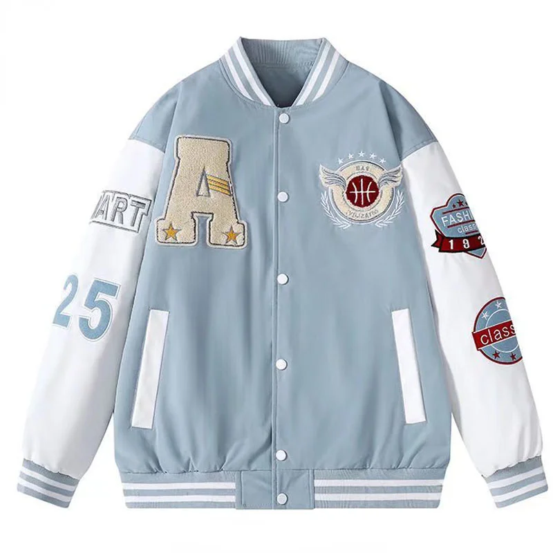 Mens Spring Fall Varsity Jackets Embroidery Korean Fashion Loose Baseball Uniform Couple Blue Retro Leather Sleeve Bomber Coats