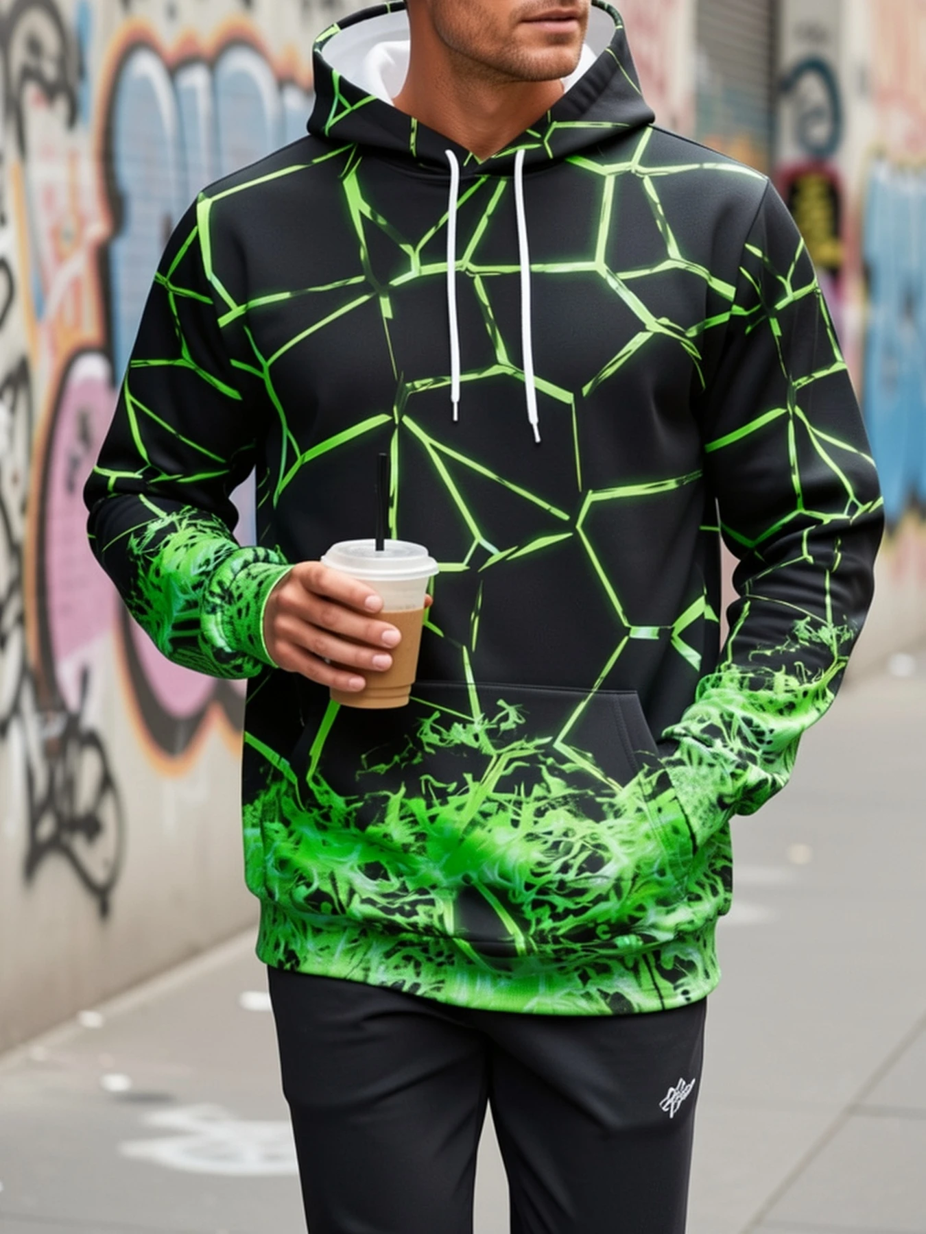 Men Neon Green Crack Splash Print Hoodie Black Base Long Sleeve Street Casual Pullover Sweatshirt