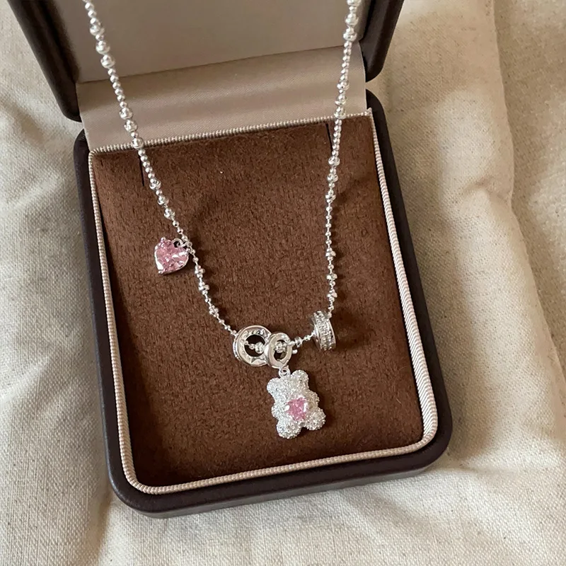 Minar Kawail Halsketten mit vollständigem Strass-CZ-Zirkon-Anhänger, Cartoon-Bär, Herz, Kreis, für Damen, versilberte Kupferperlen, Halsreifen
