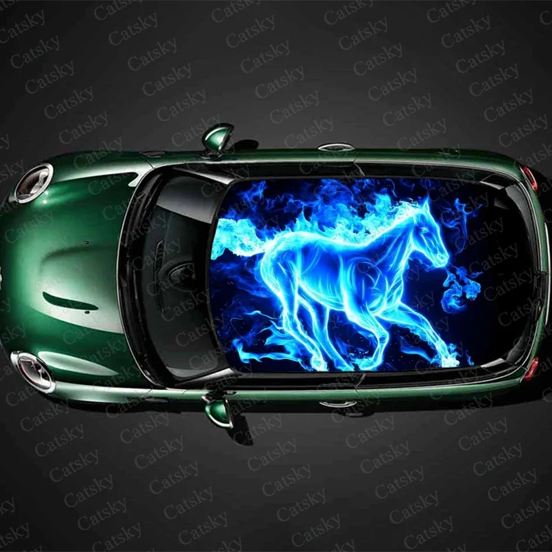 

Blue Flames Horse Car Roof Sticker Auto Decoration Film Car Decal Hood Vinyl Sticker Graphic Wrap Car Decoration Accessories