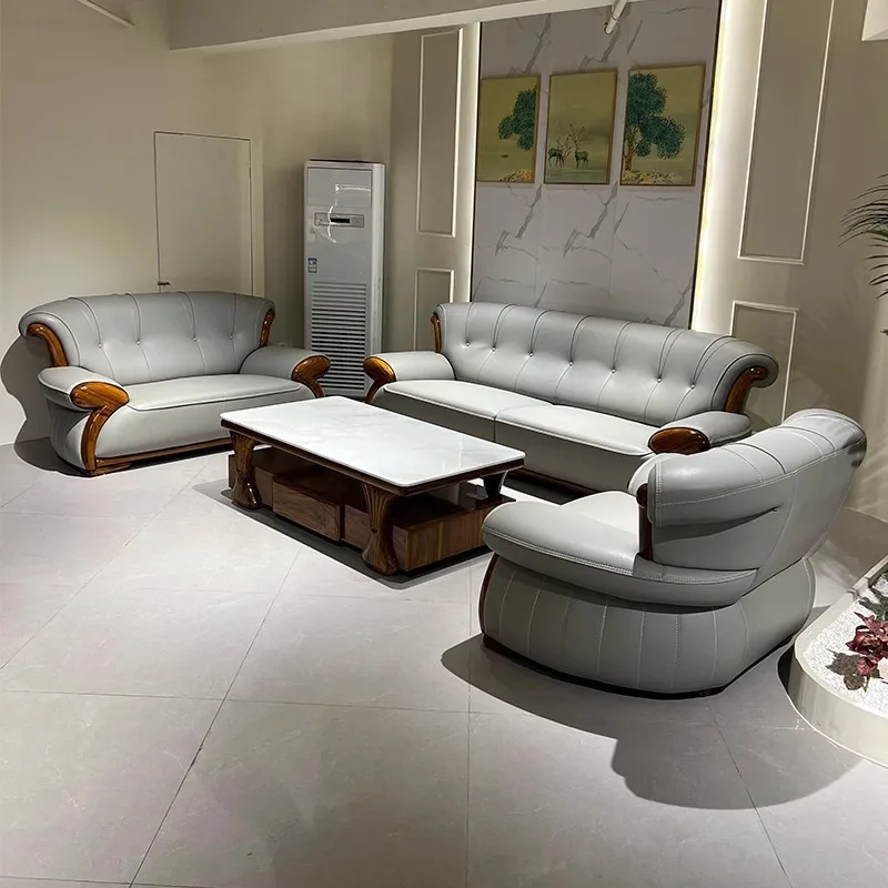 Black gold wood leather sofa simple and fashionable new Chinese solid wood villa 124 combination U living room first floor