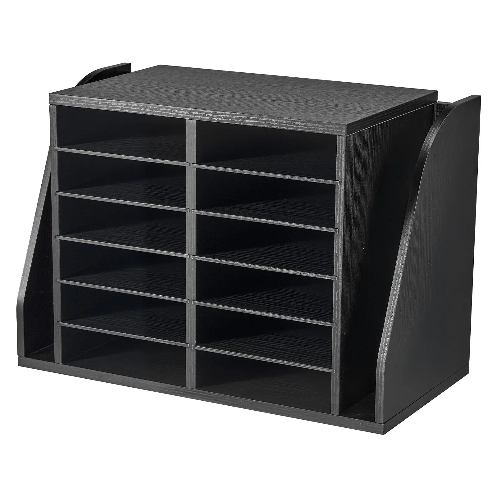 Literature Organizer, 12 Compartments Office Mailbox with Side Vertical Storage, Wooden Sorter Made of Particle Board