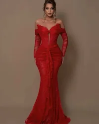 Red Long Lace Evening Dresses For Women Chic Elegant Off Shoulder Sexy Formal Prom Gown Wedding Party Celebrity Dress Customized