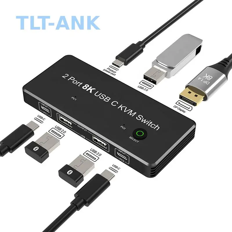 2 Port Type C USB-C  Switch Dock USB C in DP USB 2.0 Out 4K 60Hz 8K 30Hz