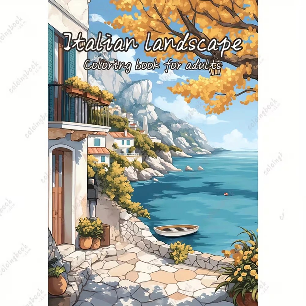 24 Page A4 Italian Architectural Landscape Coloring Book, Leisurely Seaside Adu…