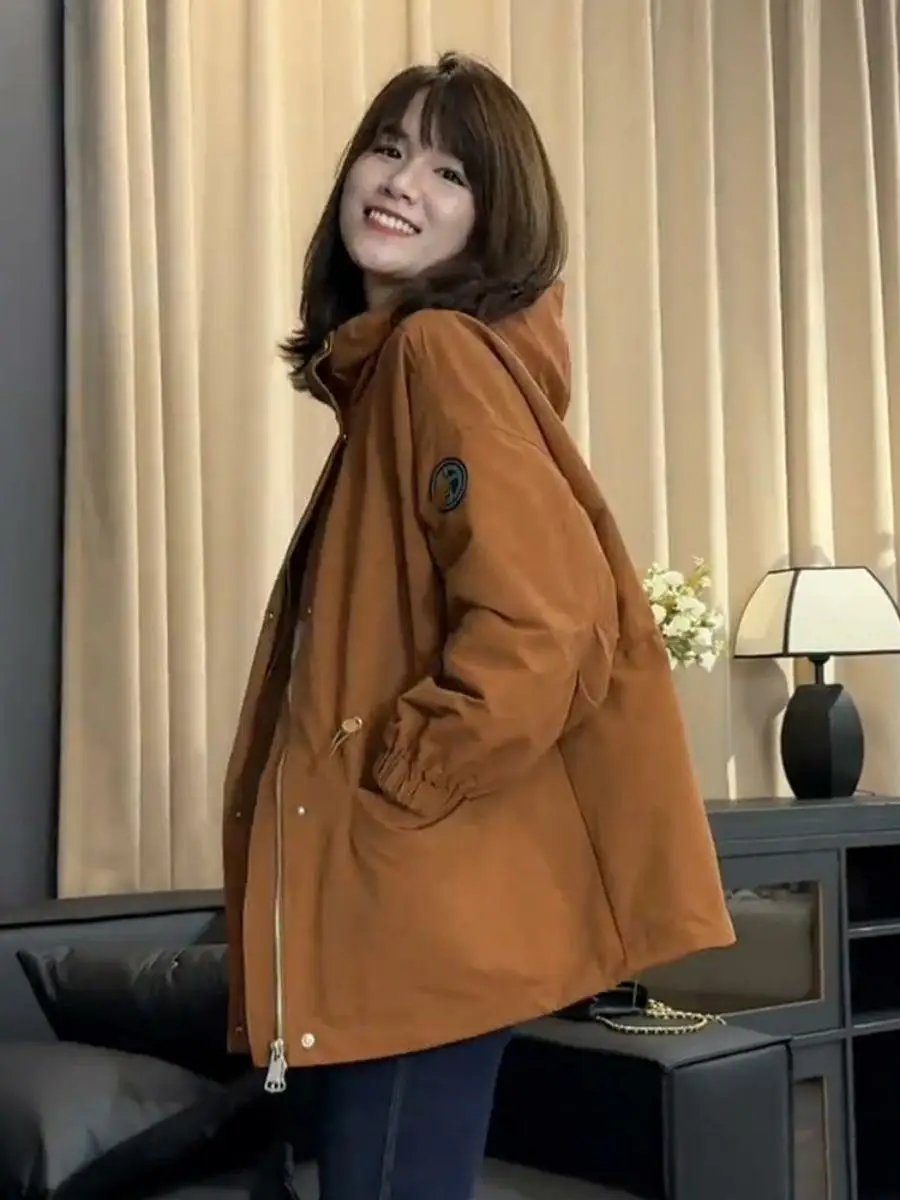 Women's Mid-Length Cotton Jacket Coat Casual Loose Workwear Design Spring Autumn Season Zipper Closure Hooded Windbreaker