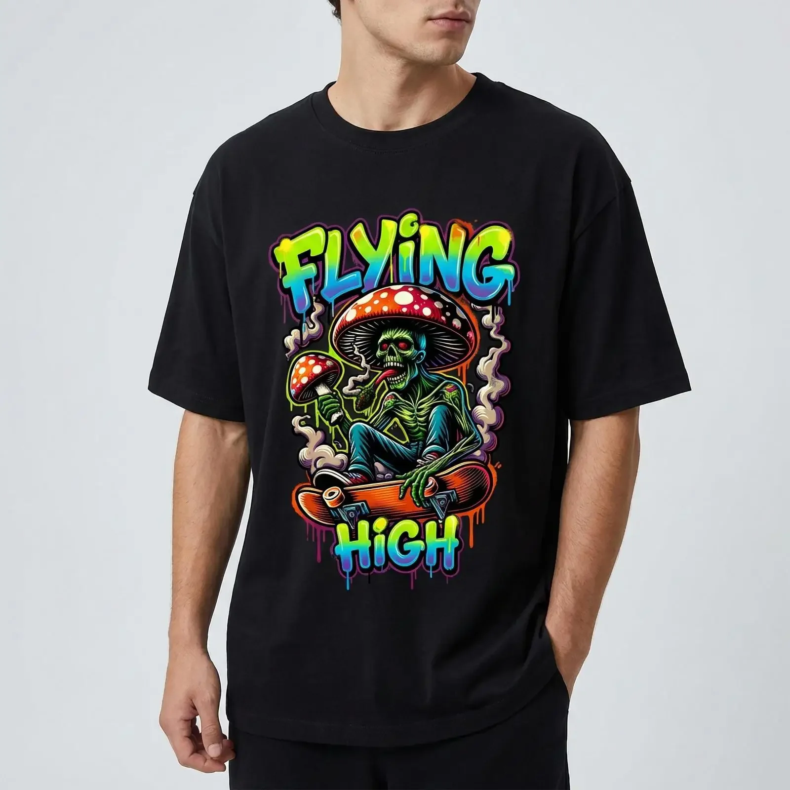 Flying High Mushroom Skeleton T shirt Psychedelic Skull  vintage Washed Stretched Breathable Soft Top For Everyday Wear fashion