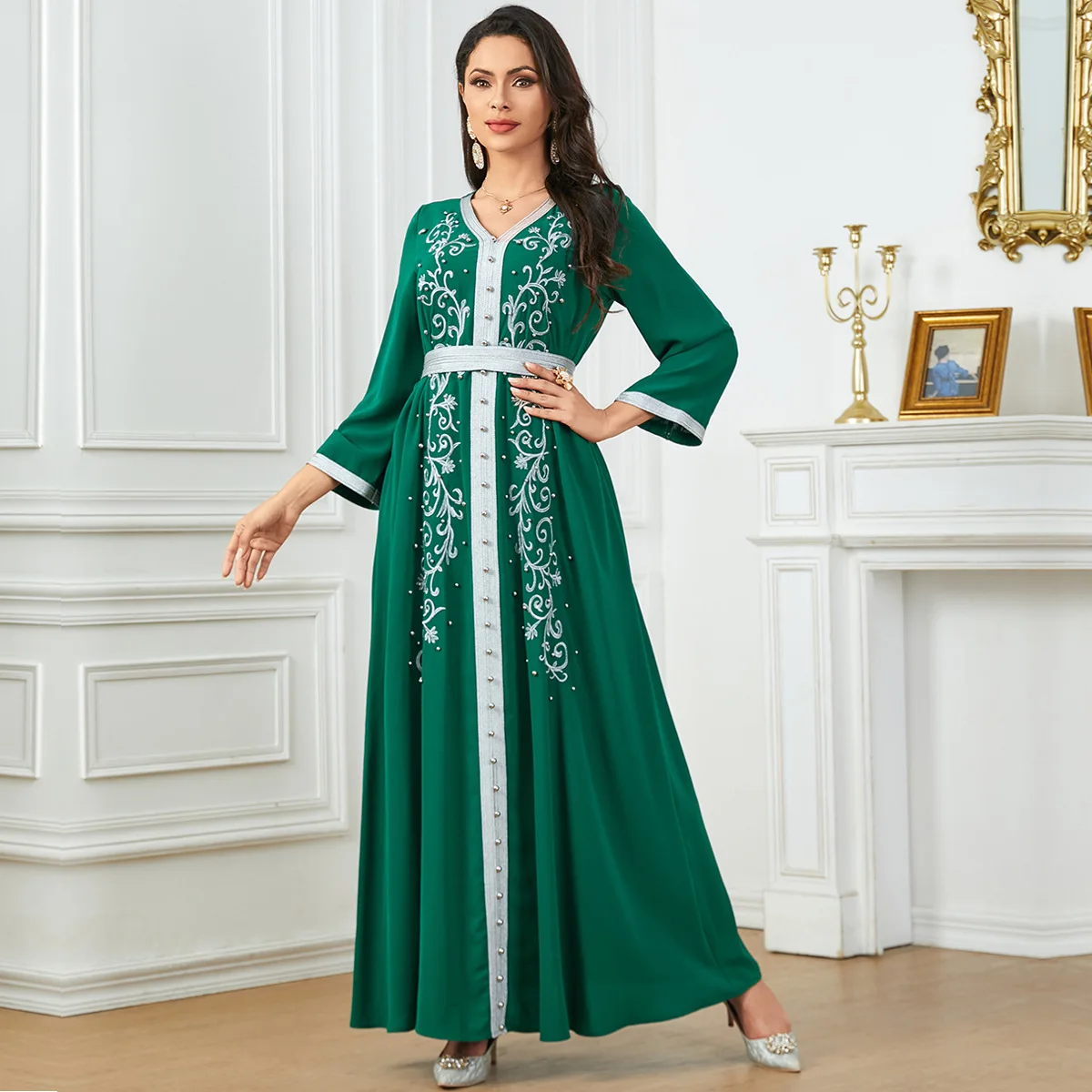 

Eid Embroidery Dress for Women Muslim V Neck Lace-up Button Jalabiya Abaya Ramadan Long Dresses Robe Caftan Vestidos Largos 2024