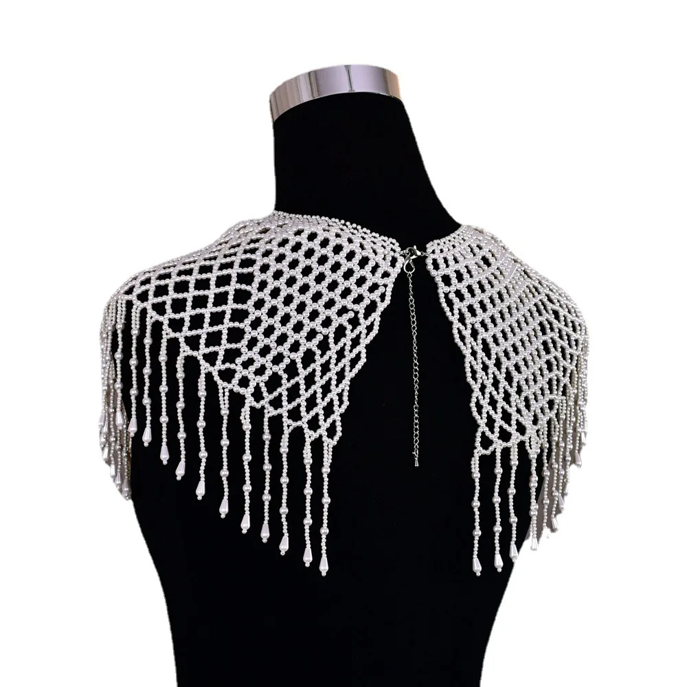 2025 Hans Style Plastic Pearls Woven Shawl Beading Hollow Out Cape Wedding Bride Dress Shawl Cloak Elegant Pashminas Para Mujer