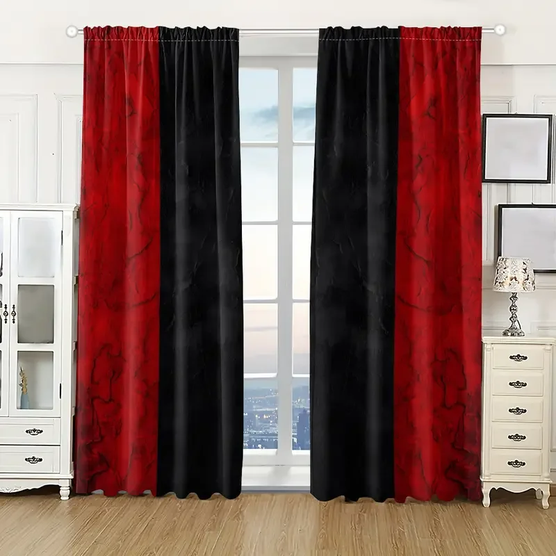 2pcs Bold Red & Black Marble Printed Curtains, Designed for Light Filtering, Quality Material, Ideal for Modern Home Window Dec