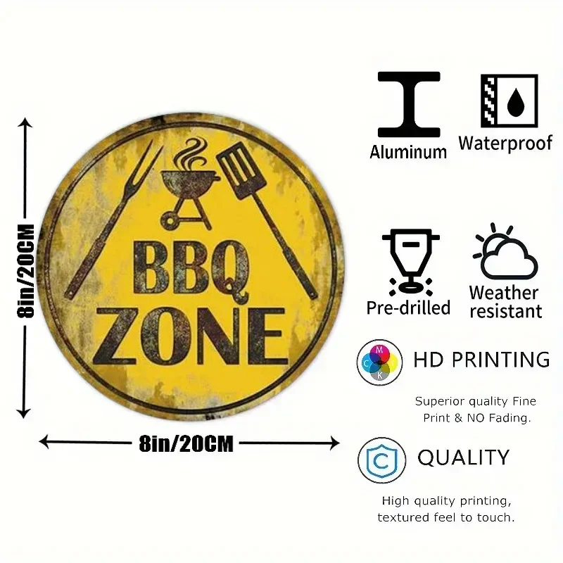 BBQ Zone Round Metal Aluminum Sign Vintage Dad`s BBQ Yard Outdoor Party Decoration Plate Retro Barbecue Rules Slogan