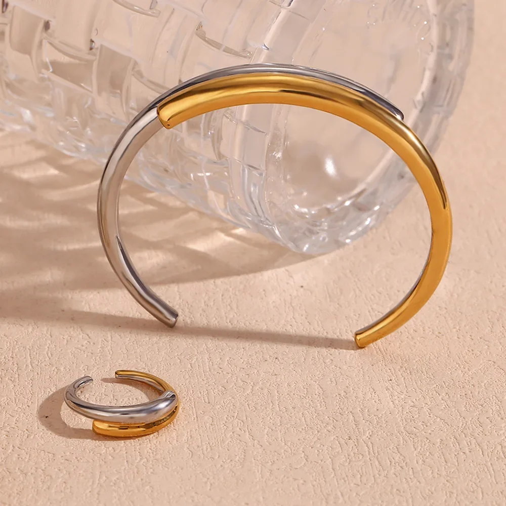 

Minimalist Gold Silver Color Partially Stacked Double Layer Stainless Steel Cuff Bracelet For women Openning Rings For Womens