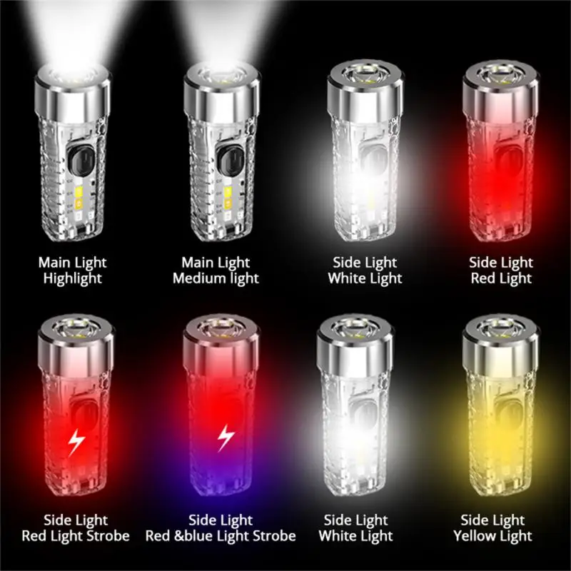 Mini Keychain Flashlight Rechargeable Light Emergency Light With Multicolor Side Lights 7 Lighting Modes For Camping Home