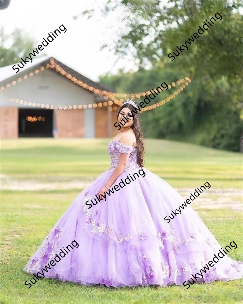 Lavender Princess Quinceanera Dresses Off Shoulder 3D Floral Appliques Corset Sweet 16 Birthday Party vestido debutante lilas