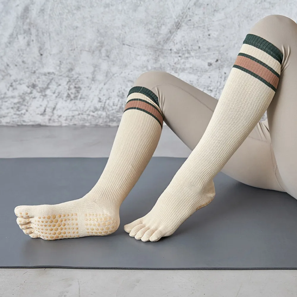 Women's Over - Calf Compression Striped Five - Toe Non - Slip Yoga Socks for Autumn/Winter Dance & Workout