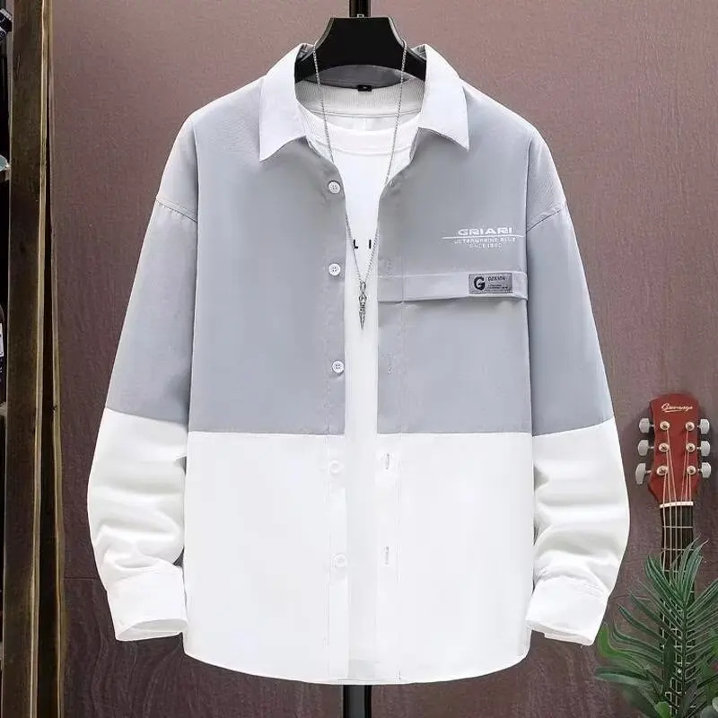 

Loose Casual Long Sve Workwear irt Men's Spring Autumn Color Blo Polyester Fiber Iron Free Korean Sle Trendy Outerwear