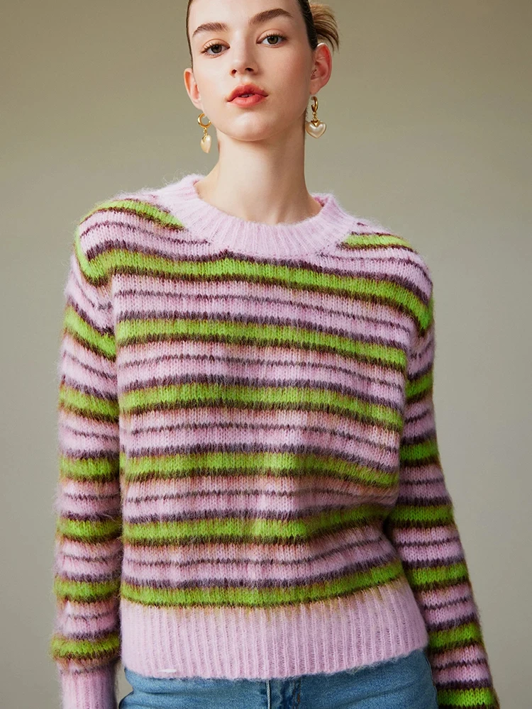 Women Soft Striped Round-neck Sweater 2023 Autumn New In Pink Thin Pullover Korean Fashion High Street