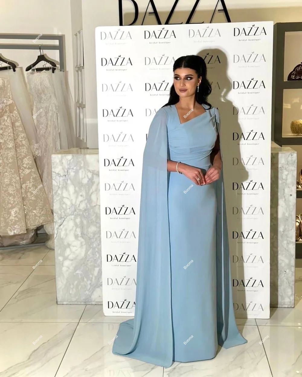 Booma Light Blue Generous Straight Evening Dresses for Women Cape Formal Occasion Gowns Saudi Arabic Party Prom Dresses Dubai