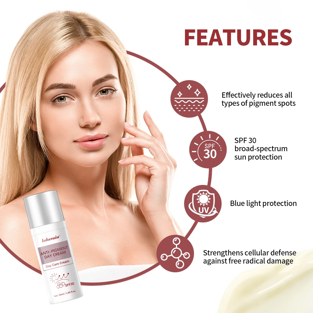 Lakerain Creme de Dia Anti-Pigmento Reduzem Manchas de Cor FPS 30 Protetor Solar Remove Manchas Escuras Adequado para Toda a Pele Creme Hidratante