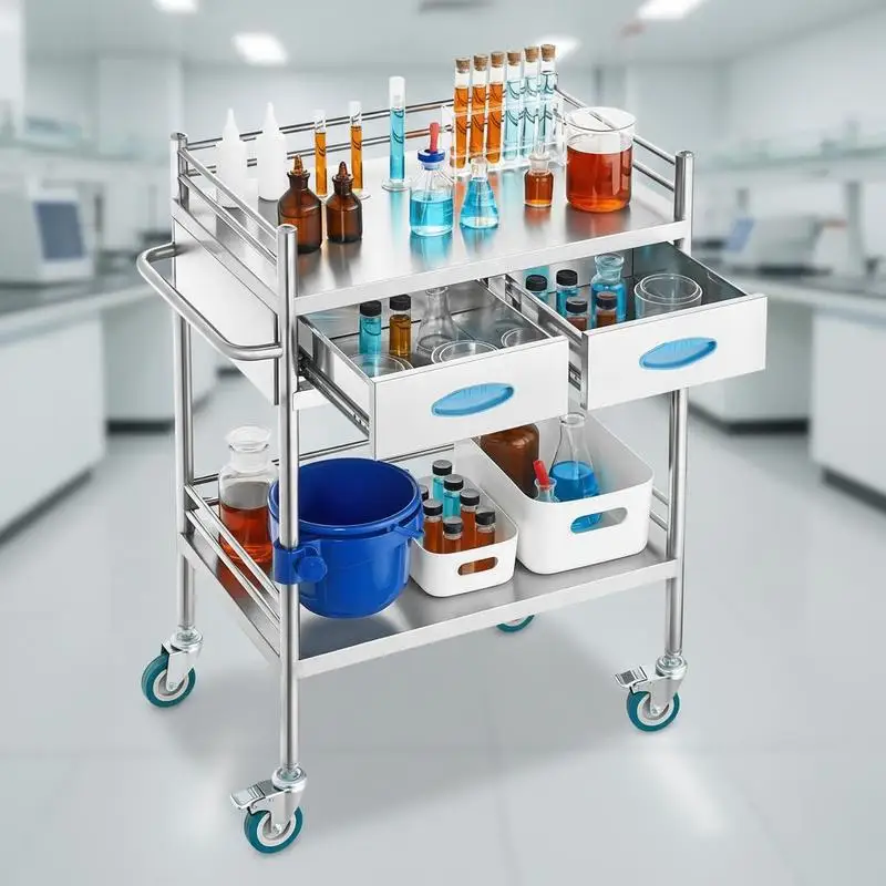 Chariot de laboratoire, chariot roulant en acier inoxydable à 2 niveaux, chariot médical avec deux tiroirs, chariot dentaire avec roues verrouillables et un seau, pour laboratoire, hôpital et usage dentaire