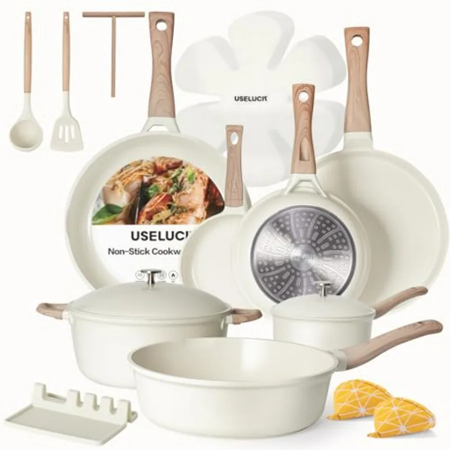 Juego de ollas y sartenes con tapa de aluminio, utensilios de cocina antiadherentes de cerámica TiCeramic, utensilios de cocina de inducción, juego de cocina antiadherente con Pa para freír, 21 Uds.