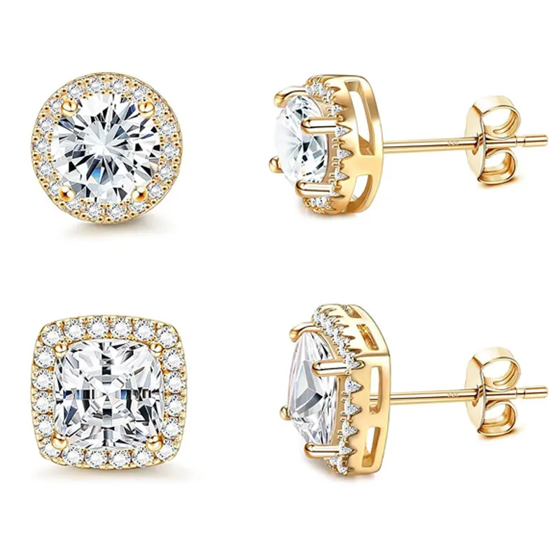 Men Women 1-4 Pairs Round Stud Earrings 18K Gold Plated S925 Sterling Silver Post Hypoallergenic Never Fade 5A Cubic Zirconia Brilliant Cut Simulated Diamond Luxury Fine Jewelry Gift Daily Party Wholesale