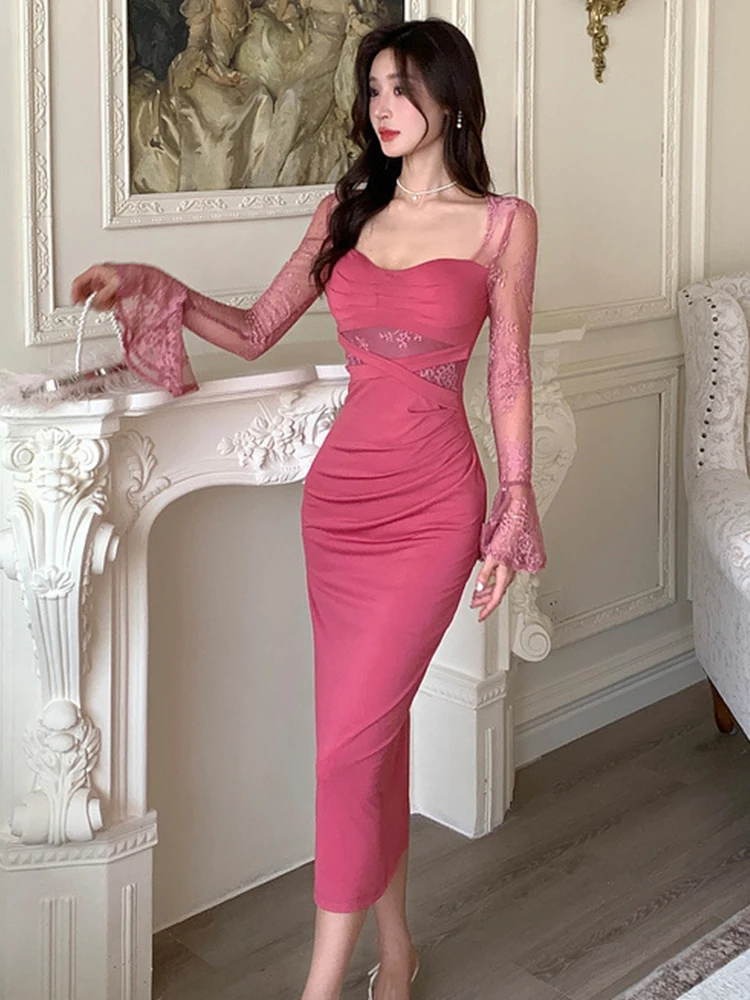 New Autumn Fashion Sweet Stretchy Long Dress Women Clothes Elegant Sexy Square Collar Skinny Folds Midi Robe Party Prom Vestidos