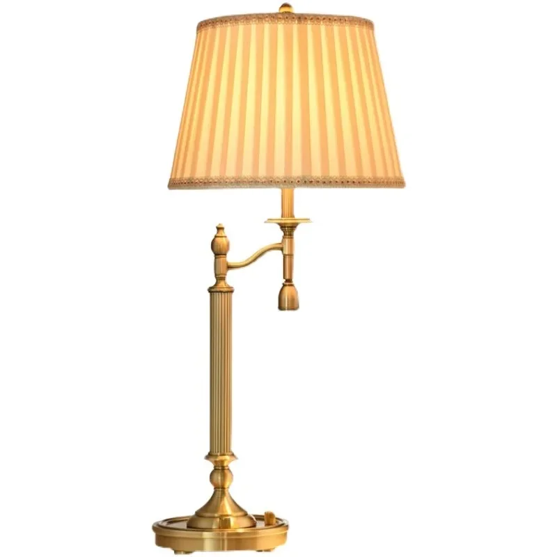 2026 European Luxury All Copper LED Dimmable Table Lamp White Fabric Lampshade Living Room Bedroom Study Office Atmosphere Desk
