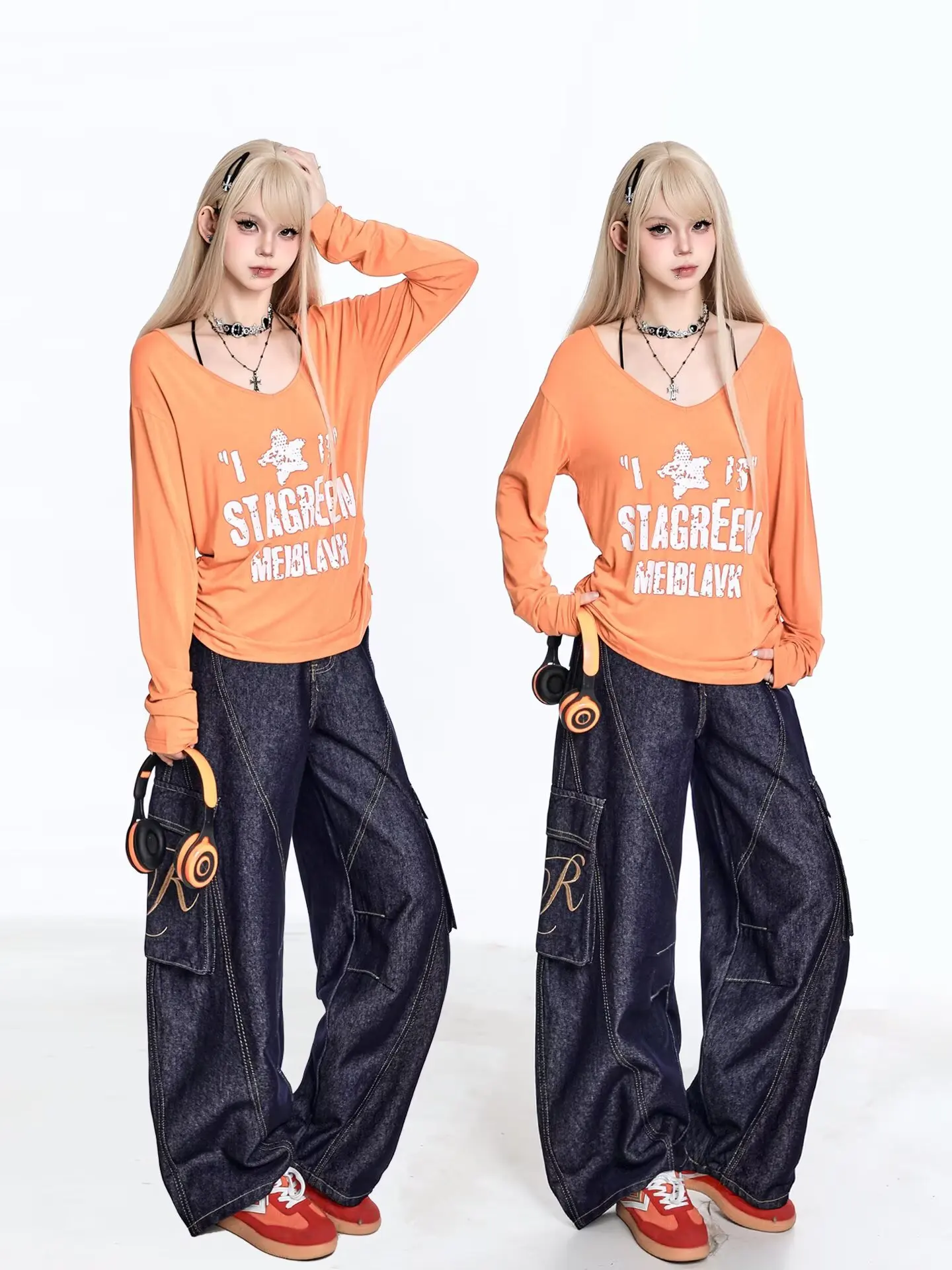 American retro niche vintage wide leg loose jeans women's splicing straight leg casual curved knife long pants trendy Harajuku
