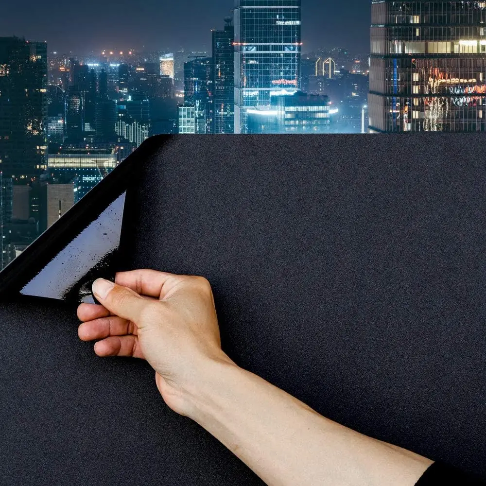Static Cling Total Blackout Window Film 100%UV Blocking Window Darkening Film Black Opaque Privacy Tint Removable