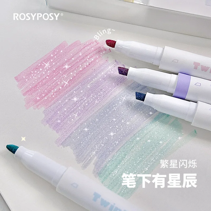 ปากกาเน้นข้อความแวววาว4ชิ้น/เซ็ตปากการะบายสีกราฟฟิตีเงาน่ารักสำหรับตกแต่งสมุดเก็บภาพแบบทำมืออุปกรณ์ปากกานักเรียน