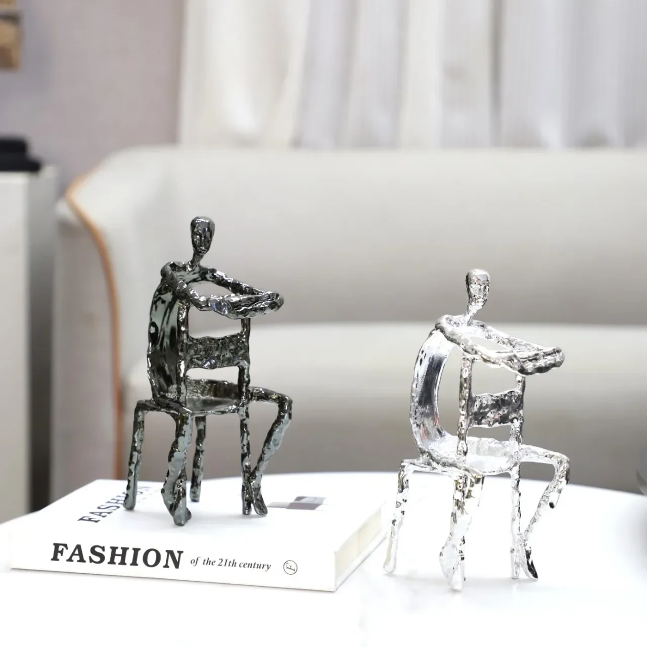 Abstract Human Figure Metal Handicraft Chair Figure Sculpture Silver Metal Man Chair Man Decorative Figurines Home Decoration