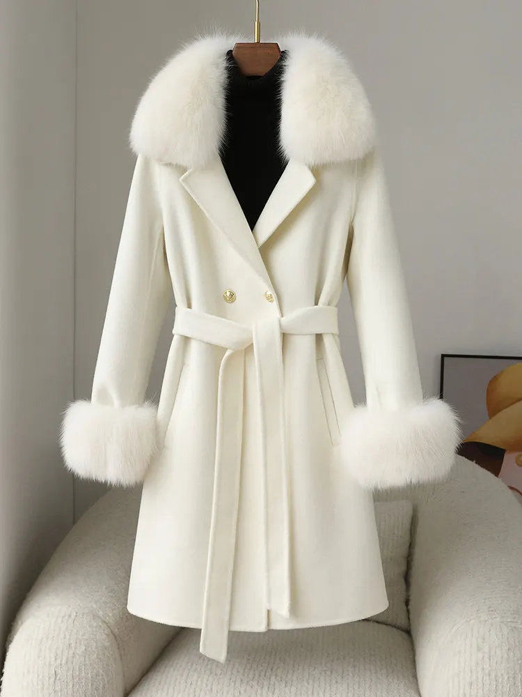 High-end double-sided wool and cashmere woolen coat 2025 autumn/winter new style fox fur collar mid-length slimming coat for wom