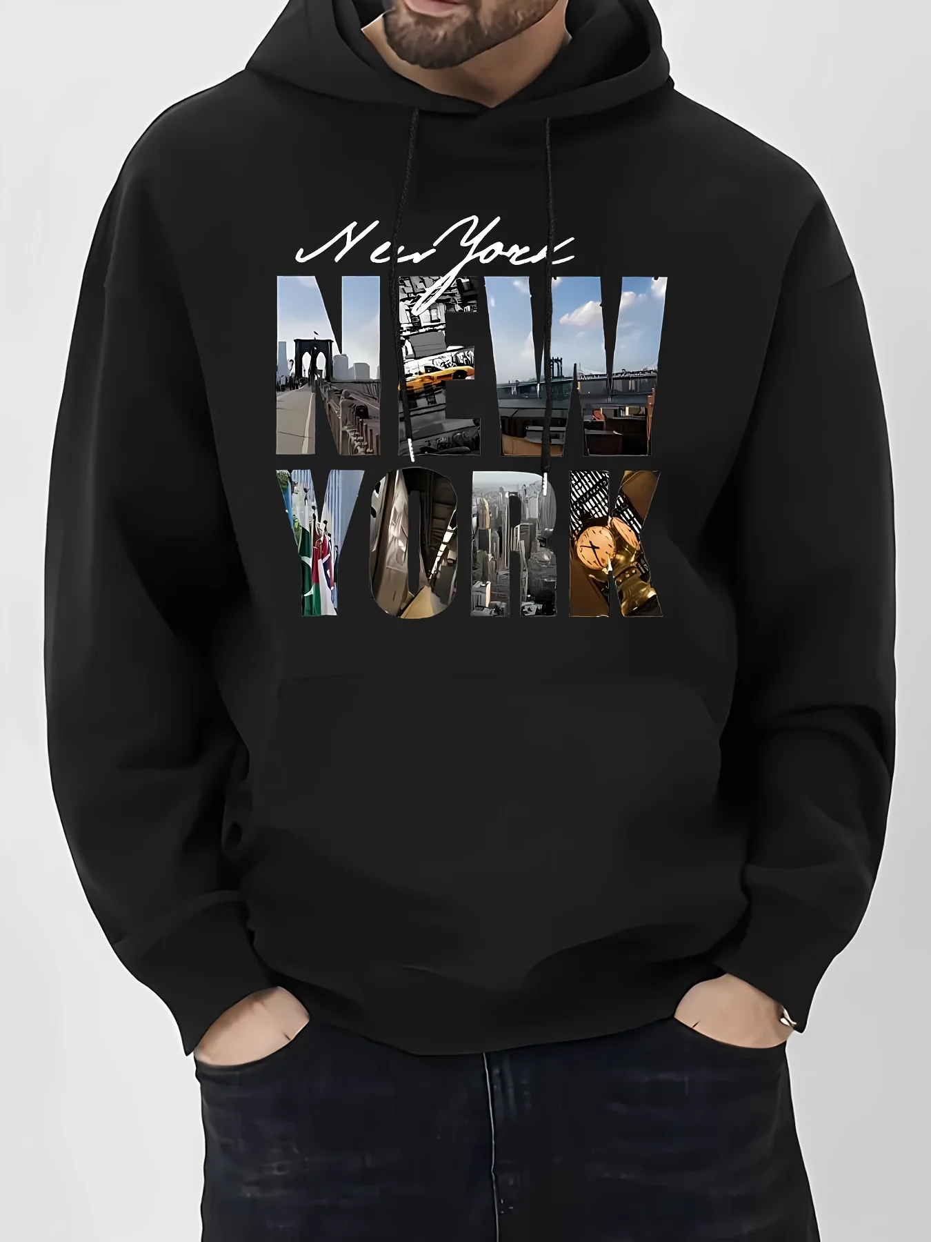 New Personality New York English Letters City Landscape Print Men Hooded Sweatshirt Autumn Winter Daily Casual Warm Street Style