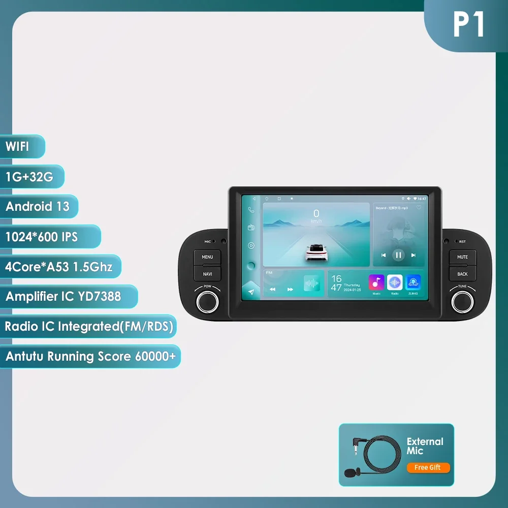 1DIN Android Autoradio Speler voor FIAT Panda 2013-2020 Android Auto Draadloze CarPlay Auto Multimedia 1 Din Intelligent Scherm GPS