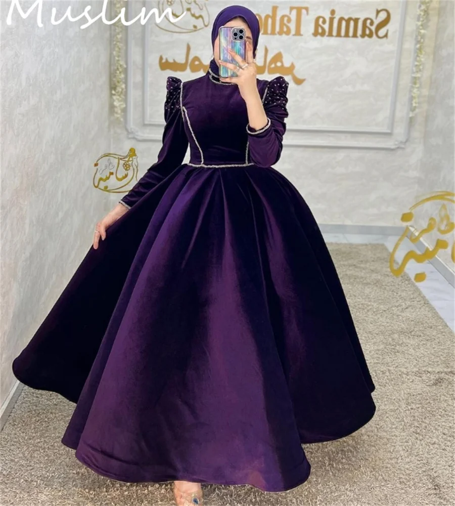 

Arabic Purple Evening Dress Dubai Abaya Muslim Prom Dress A Line Ankle Length Formal Party Gown Second Reception Customized