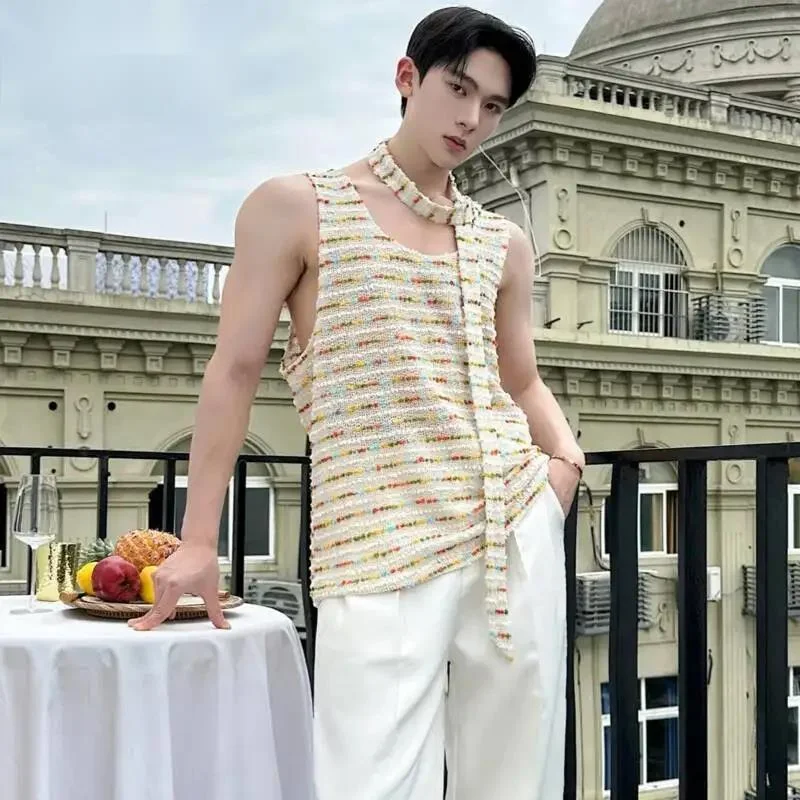 Men's Knit Tank Top Colorful Dot Stripe Halter Neck Loose Fit Casual Streetwear Summer Fashion Daily Sleeveless Vest 9XIESO