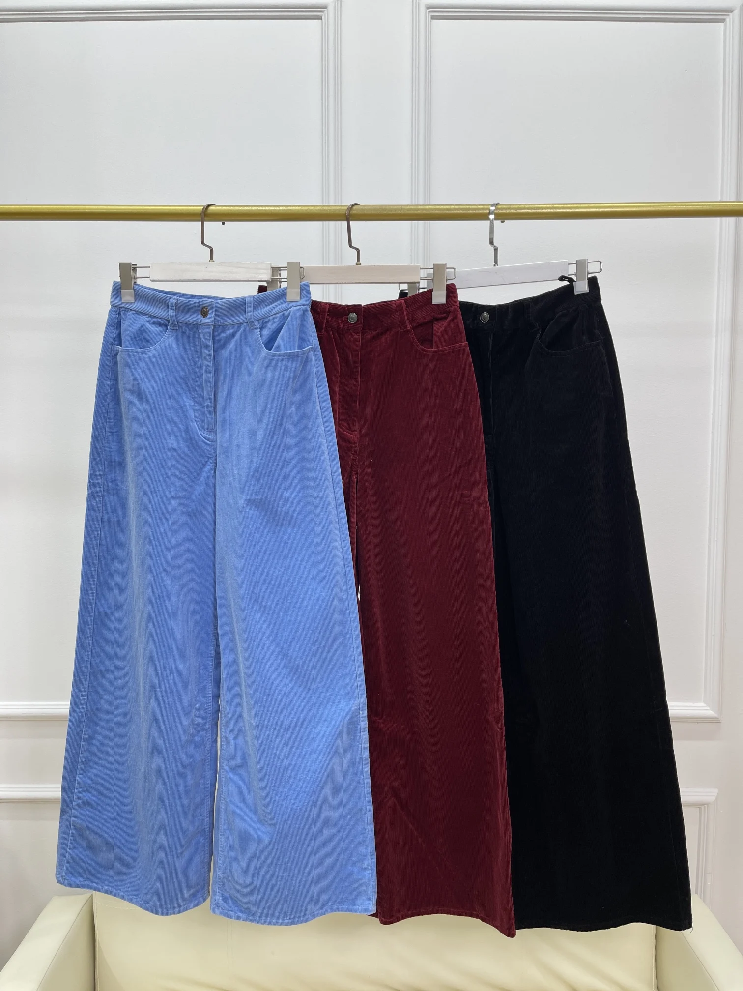 Autumn And Winter Retro High Waist Straight Cotton Fine Rip Corduroy Pants Wide Leg Casual Pants For Women