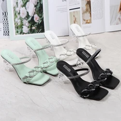 2023 Summer Women 8.5cm High Heels Crystal Slides Mules Lady Weave Leather Clear Block Heels Slippers Green Glitter Design Shoes